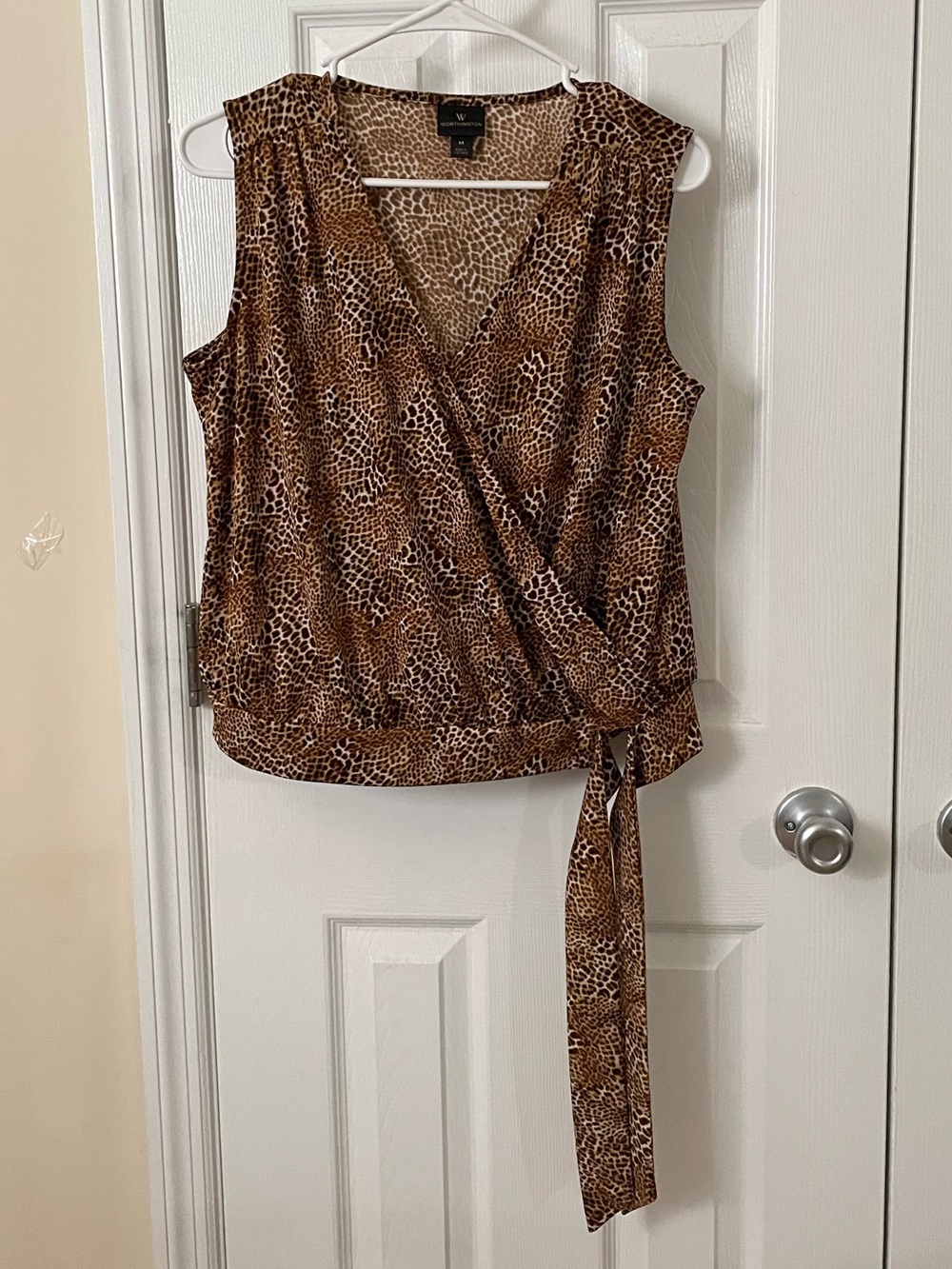 Worthington Brown Leopard Print Sleeveless Wrap top